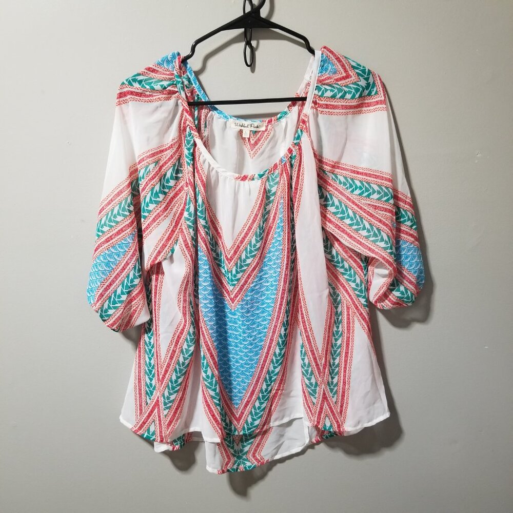 Wishful Park Blouse Boho Button Back Pink Blue Large